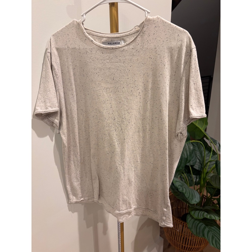 Pull&Bear Mens Cream Speckled Short Sleeve Crew Neck T-Shirt Raw Hem Size L